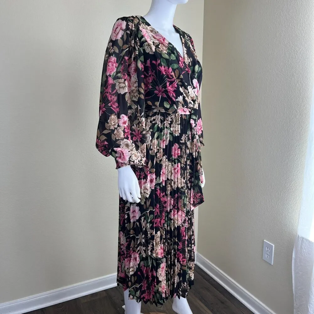 Baltic Born Women's Size S Laurie Black Floral Midi NEW Pleated Dress Cottage